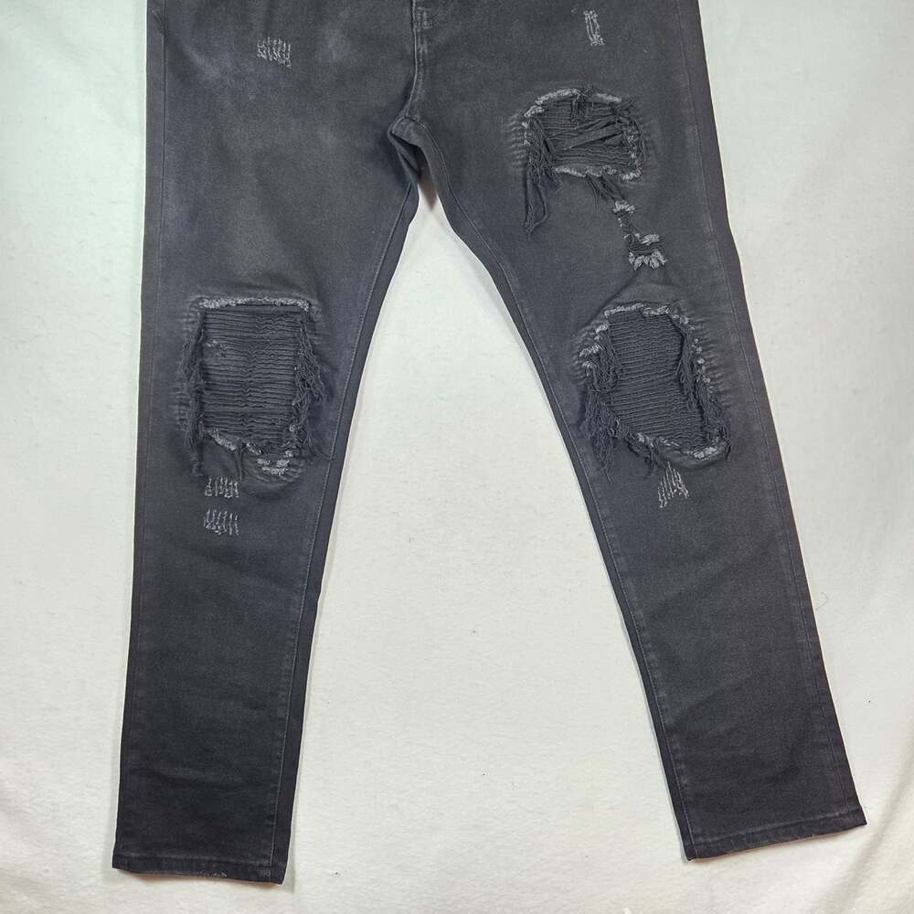 Embellish NYC Jeans Mens 38x32 Black Distressed Biker Moto Skinny Ribbed Denim